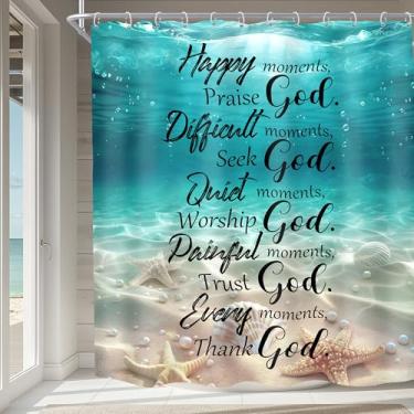 Imagem de Imirell Cortina de chuveiro Ocean Bible Verse 72Lx72H polegadas Cristã Inspirational Scriptures Citações Blue Sea Beach Underwater Starfish Tecido impermeável poliéster com 12 ganchos de plástico