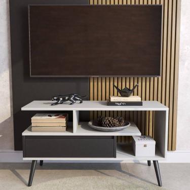 Imagem de Rack Aparador Estante para Tv 55 Polegadas com Porta Nicho Prateleira Pés Palito Retro Branco/Preto