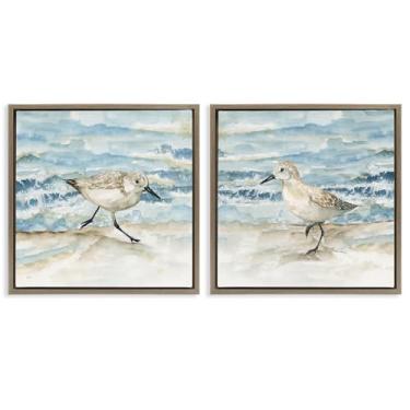 Imagem de Stupell Industries Sandpipers Treading Beach Shore 2 peças marrom emoldurado conjunto de lona flutuante, design por Nan, 25 x 25