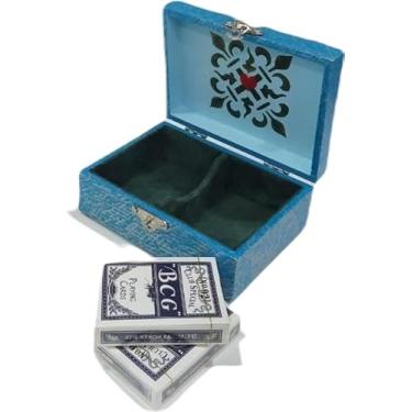Imagem de Caixa Porta Baralho OCEAN DRIVE de Madeira MDF Artesanal, Azul Turquesa, 2 Compartimentos,