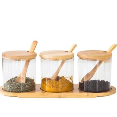 Imagem de Jogo 3 Potes De Vidro Boro Colher Tampa Suporte Bambu 300ml - CASAMBIE