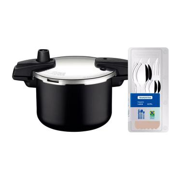 Imagem de Panela de Pressão Tramontina Arizona em Alumínio, Revestimento Starflon Max 4,5L – Preto + Faqueiro 12 Peças Leme com Lâminas em Aço Inox – Cinza