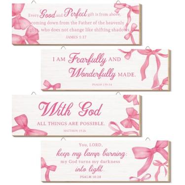 Imagem de Yousoontic 4 peças arco coquete de madeira pendurado arte de parede versículo bíblico cristão placa de madeira escritura religiosa decoração de parede arco rosa salmo 91 citações bíblicas de parede