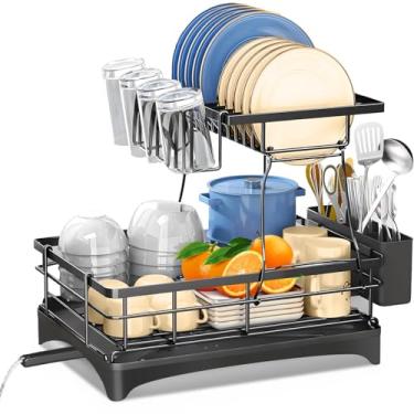 Imagem de MIKLIFE Escorredor de louça, escorredor de pratos de 2 níveis para balcão de cozinha, escorredor de pratos grande de aço inoxidável, organizador destacável de escorredor de pratos de grande capacidade