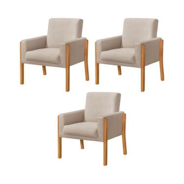 Imagem de Kit 3 Poltronas Sala De Espera Pés Em Madeira Santorini Veludo Bege - Bege