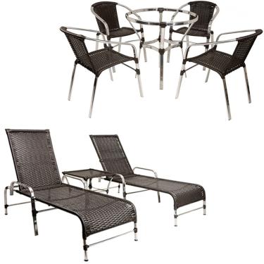 Imagem de Kit Jogo de 4 Cadeiras e Mesa Floripa em Alumínio Com 2 Espreguiçadeiras Roma regulável e Trama