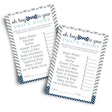 Imagem de Bow Tie Guess the Price Pacote de jogo de chá de bebê (25 cartões) Divertido atividade para pulverizar - Oh Boy - Little Man - Azul marinho e cinza