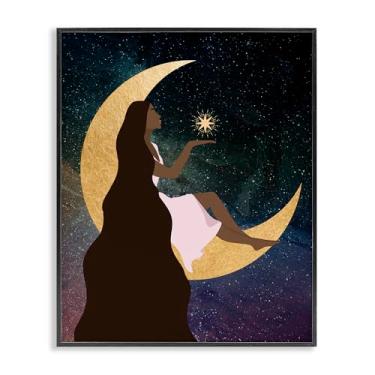 Imagem de Stupell Industries Design de arte giclée emoldurado de mulher na lua com luz das estrelas preta por Daniela Santiago, 28 x 35 cm