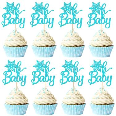 Imagem de Cyodoos 24 peças de flocos de neve Oh Baby Cupcake Toppers - Blue Flash Winter Frozen Oh Baby Cupcake Winter Onederland decoração de festa de aniversário para meninos