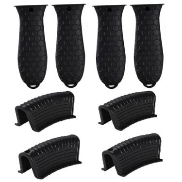 Imagem de 8 peças de suporte de silicone resistente ao calor para panelas de borracha antiderrapante, capas de aderência para frigideira de ferro fundido, roupas de cozinha de silicone (preto)