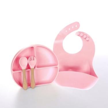 Imagem de Kit Introdução Alimentar Prato Babador Talher Bebê Silicone 4 Peças Com Ventosa Refeição Papinha Treinamento Transição Termossensível Desmame Livre Bpa 6m+ (Rosa)