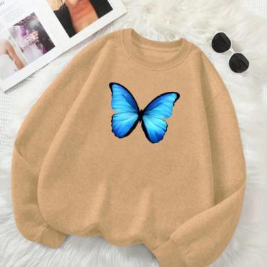 Imagem de Blusa de Frio Feminina GOLA CARECA Estamp Borboleta Azul Delicada Look