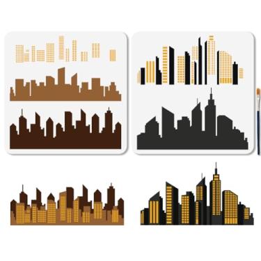 Imagem de MAYJOYDIY 2 peças de estêncil de construção de cidade em camadas, reutilizável, estênceis de paisagem urbana para pintura, modelos de desenho de silhueta de arranha-céus de 29 x 29 cm com pincel para