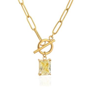 Imagem de TaYolnFaSo Colar de zircônia cúbica com corte esmeralda, pingente de pedra do mês de nascimento de 8 x 10 mm, clipe de papel / 4 x 6 mm em forma de Y, joia de corte esmeralda, presente de aniversário