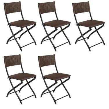Imagem de Kit 5 Cadeiras Dobrável Restaurante Bar Aço Junco Marrom