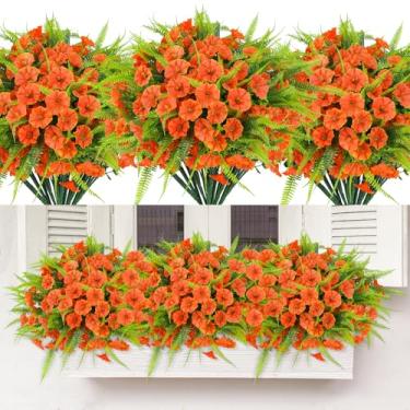 Imagem de HIAGROW Flores artificiais de outono para atividades ao ar livre, 12 pacotes de flores falsas para mães, petúnias, arbustos resistentes a UV, plantas com samambaia, para pendurar em ambientes internos