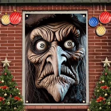 Imagem de Starlit Patio Capa de janela de bruxa assustadora, decoração de Halloween, pôster realista, rosto assustador, casa assombrada, ao ar livre, interior, decoração de terror para suprimentos de festa à