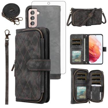 Imagem de Capa de celular para Samsung Galaxy S21 5G 6,2 polegadas carteira celular com protetor de tela de vidro temperado alça transversal alça flip suporte zíper bolsa porta-cartão slot celular S 21 21S G5