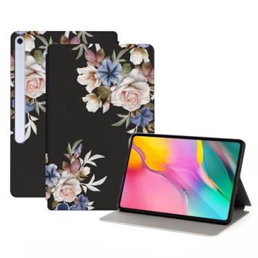 Imagem de Nuouxoco Capa de couro PU premium para Samsung Galaxy Tab S10 FE+/S10 FE Plus (SM-X620/X626B), capa protetora à prova de choque com suporte dobrável e despertar/hibernar automaticamente, flores pretas