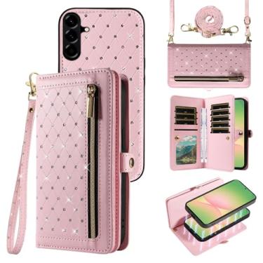 Imagem de Capa de celular para Samsung Galaxy A56 5G carteira com zíper destacável capa magnética com protetor de tela alça transversal alça brilhante glitter flip porta-cartão de crédito slots A 56 56A LTE