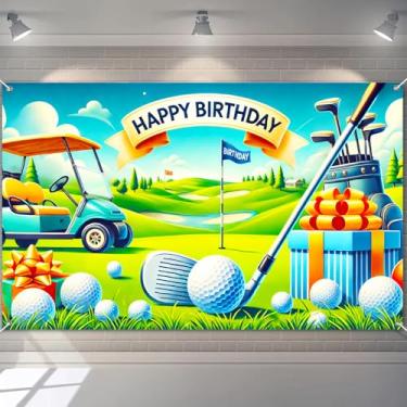Imagem de BlissYard Tema de golfe esportivo, faixa de feliz aniversário, cenário fotográfico 188 x 109 cm, paisagem verde com carrinho, tacos, bolas, presentes para decoração de fundo de cabine de fotos de