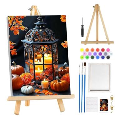 Imagem de MOGTAA Kit de pintura de abóbora de Halloween por números para adultos iniciantes com moldura, kits de pintura de vela para adultos por números em tela com cavalete, kits de pintura a óleo DIY fáceis
