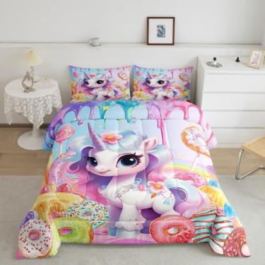 Imagem de Castle Fairy Conjunto De Edredom Reversível Infantil Unicórnio Fofo, Tamanho Duplo, Desenho Arco-Íris, Cavalo 3D, Animal, Roupa Cama Floral Rosa Para Meninas E Meninos, Donut, Sorvete, Doces, Sobrem