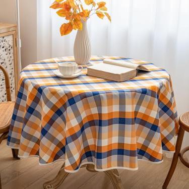Imagem de LOSIVISHE Toalha de mesa xadrez à prova d'água – estampa xadrez laranja, azul e branco – capa de mesa de colheita de Ação de Graças, resistente a manchas e durável, redonda de 152 cm
