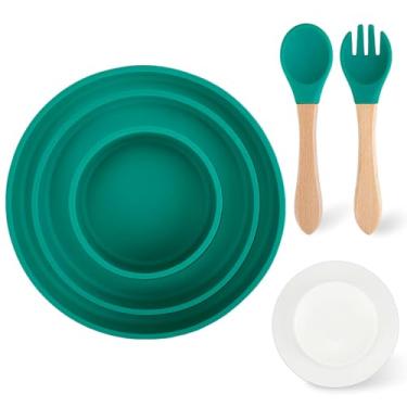 Imagem de Mulaibdin 3 peças de pratos de silicone com talheres, placas de sucção removíveis e tigelas, pratos mais profundos grudam e permanecem livres de BPA (verde)
