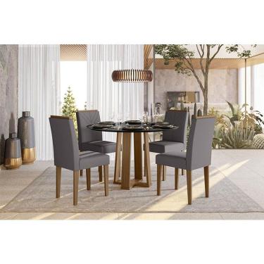 Imagem de Mesa de jantar 120cm Ambiente Isabela com Vidro Imbuia Preto e 4 Cadeiras Amanda Imbuia Veludo Cinza Escuro - New Ceval