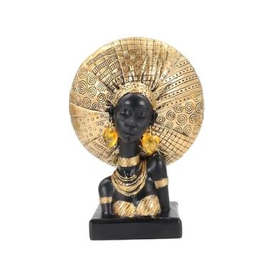Imagem de Dwelloria Estátua de busto de senhora africana com faixa dourada – Escultura tribal de resina para decoração de casa, estatueta preta e dourada para prateleira, mesa, escritório, sala de estar