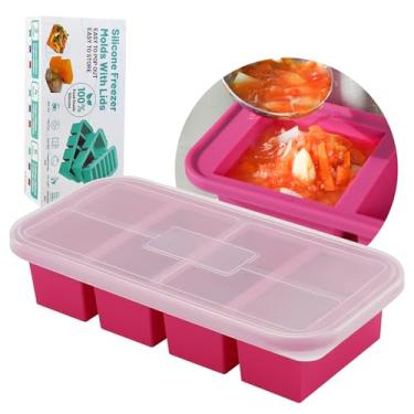 Imagem de SHIKORI Bandejas de silicone para freezer com tampa, recipiente de sopa para freezer com 4 xícaras, moldes grandes de cubos de gelo com tampa de anel de aço reforçado para congelar caldo de molho de