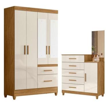 Imagem de Guarda Roupa Solteiro Madri com espelho e Cômoda Lisboa Freijó Off Whi