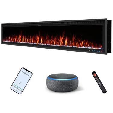 Imagem de Lareira Elétrica de Embutir A42x223L cm com Controle Remoto por APP, Wi-Fi, Chamas 3D Realistas, Temporizador, Toras e Cristais, 110V