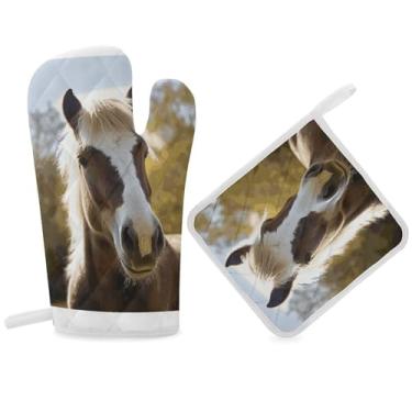 Imagem de Conjuntos de luvas de forno e suportes de panela resistentes ao calor luvas de cozinha antiderrapantes animal pônei cavalo almofadas quentes luvas de cozinha para micro-ondas com camada interna de