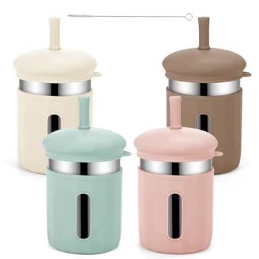 Imagem de Beyoung Copos infantis com canudos e tampas, copos infantis de aço inoxidável de 354 g com mangas de silicone, à prova de derramamento, copos duráveis para crianças e adultos, pacote com 4 (bege +