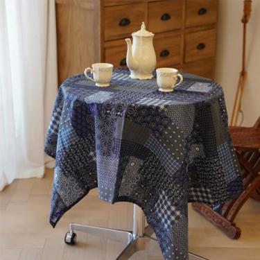 Imagem de Wuluwala Toalha de mesa de café azul marinho estilo étnico pequena toalha de mesa quadrada com grade de remendo rústica casa de fazenda sem rugas capa contra poeira para sala de estar, cozinha, festa