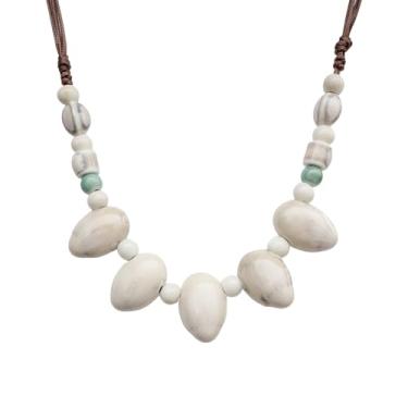 Imagem de Zlanderah Colar de contas de cerâmica brancas peroladas hippie feito à mão, colar de contas grossas boho para mulheres na moda, joias boêmias, presentes para namorada