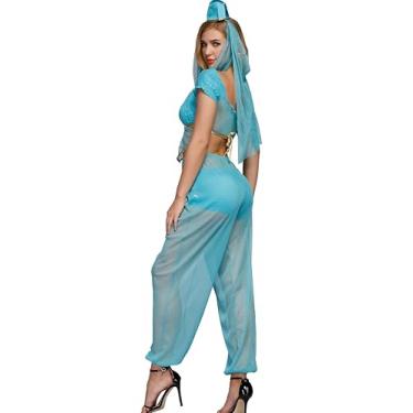 Imagem de Fantasia árabe feminina P-2GG sexy adulto gênio dançarino do ventre vestido noite árabe fantasia, Azul, Small