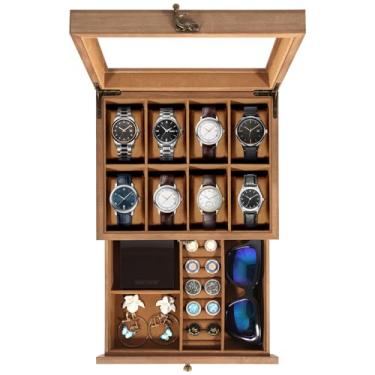 Imagem de Uten Caixa de relógio de 8 compartimentos, caixa de exibição de relógio de madeira maciça de 2 camadas com tampa de vidro, organizador de relógio com almofada macia e forro de veludo, caixa de
