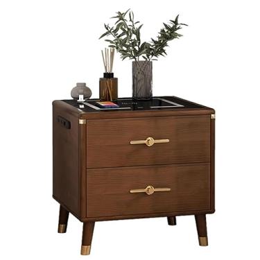 Imagem de Mesa de cabeceira com luzes de LED ajustáveis com reconhecimento de impressão digital destrava gavetas, mesa de cabeceira de madeira maciça natural com carregamento sem fio para uso prático para o