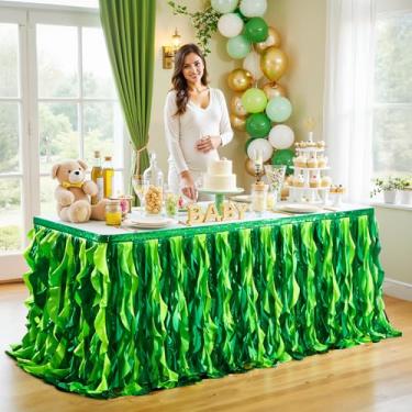 Imagem de Wish Care Saia de mesa de lantejoulas verdes de 4,3 m para mesas retangulares, saia de tutu havaiana de salgueiro encaracolado, saia de mesa com babados para aniversário, chá de bebê, selva, luau