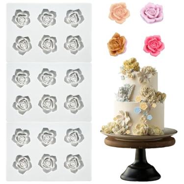 Imagem de 3 peças de molde de silicone de flor de rosa, mini moldes de chocolate de fondant de rosa para assar biscoitos, açúcar, argila, cupcake, decoração de bolos, fabricação de cera
