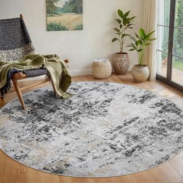 Imagem de Tapete redondo de 1,8 m Lavável: Tapete pequeno circular para entrada, cozinha, quarto, sala de jantar, sala de estar, 1,8 m, abstrato, faculdade, dormitório, antiderrapante, pilha baixa, preto, cinza