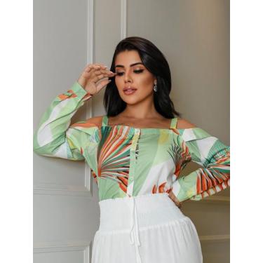 Imagem de Blusa Em Crepe Sedinha Alça e Manga Longa Estampada - NoBrand, Verde o