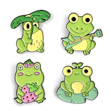 Imagem de 4 peças de broches de sapo família de sapos verdes com broches de guitarra de morango broches de peito cravo alfinetes de lapela para aniversário, Natal, meninas, meninos, roupas, cachecol, mochila,
