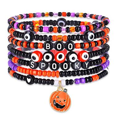 Imagem de Pulseiras de Halloween para mulheres com pingente de abóbora, pulseira elástica com contas BOO SPOOKY letra laranja e preta conjunto de pulseiras empilháveis para meninas, Halloween, cosplay, fantasias, presentes de festa, Acrílico, Miçanga,