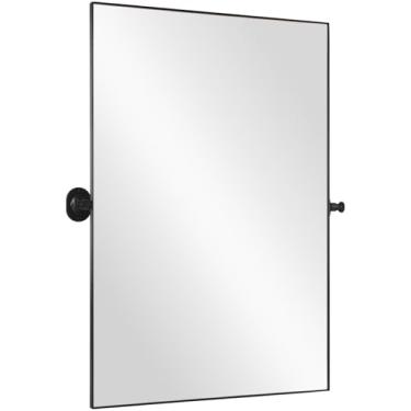 Imagem de bolrok Espelho pivô preto 50 cm × 76 cm espelho inclinado para banheiro espelhos retangulares quadrados para parede com moldura de aço inoxidável