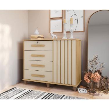 Imagem de Cômoda Sapateira Grécia com Chave 1 Porta 4 Gavetas Ripado Cinamomo/off-white