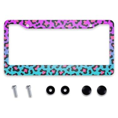 Imagem de Smooffly Moldura para placa de carro rosa azul roxo leopardo moldura de carro suporte de placa de carro moldura de placa de carro auto etiquetas tampa 2 furos parafusos 12,2 x 6,3 polegadas